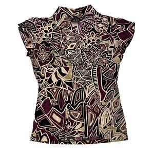 Vintage Y2K cap sleeve geo print Medium USA made purple black v-neck empire